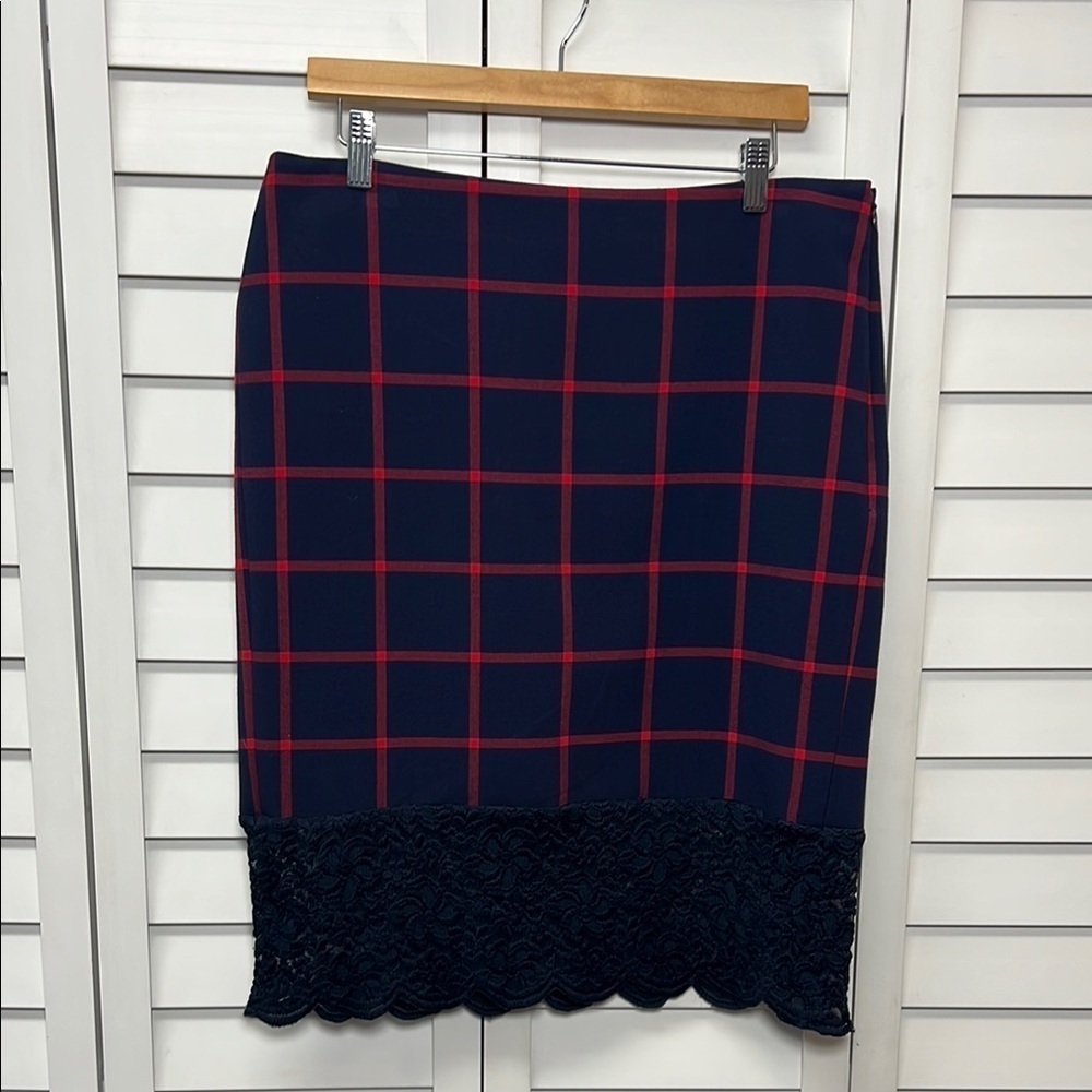 Michael Kors Plaid Lace Scalloped Hem Stretch Pencil Skirt Size 10 Navy & Red